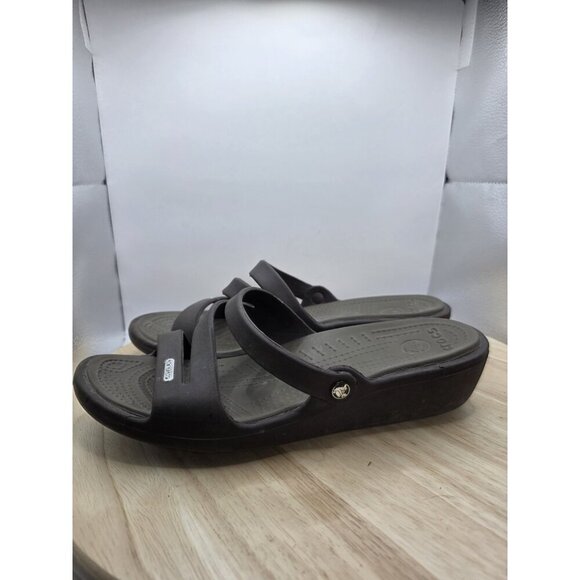 Crocs Patricia Wedge Sandal Women 10 Brown Slip On Casual Comfort Strappy Summer - Picture 1 of 8